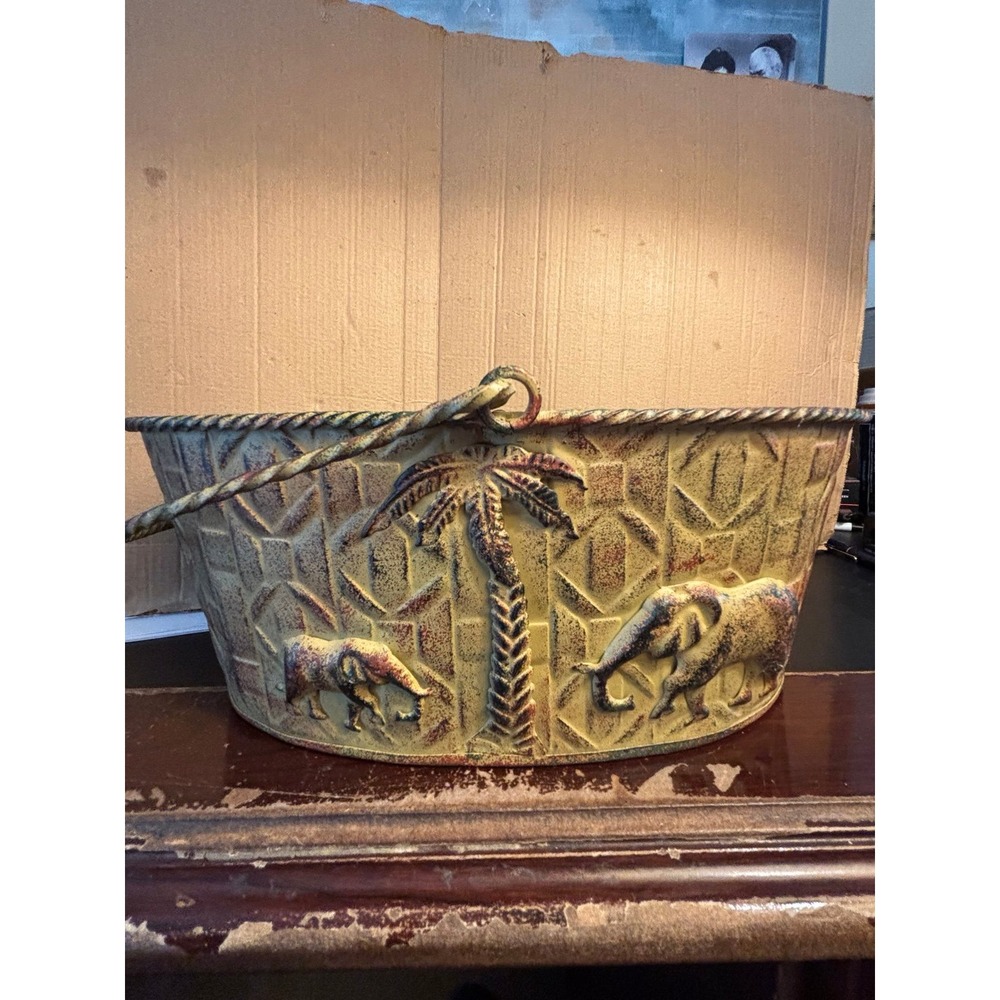 Vintage Metal Elephant with Palm Trees Decorative Oval Basket w/ Handles